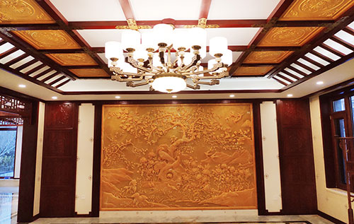 望江中式别墅客厅中式木作横梁吊顶装饰展示