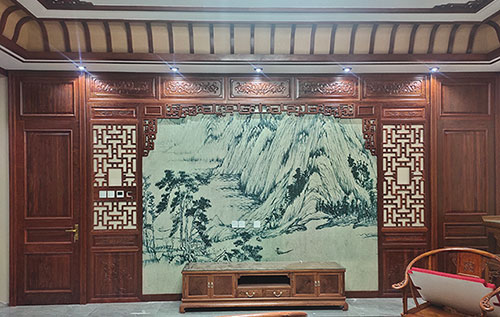 望江中式仿古别墅客厅背景墙花格木作装饰